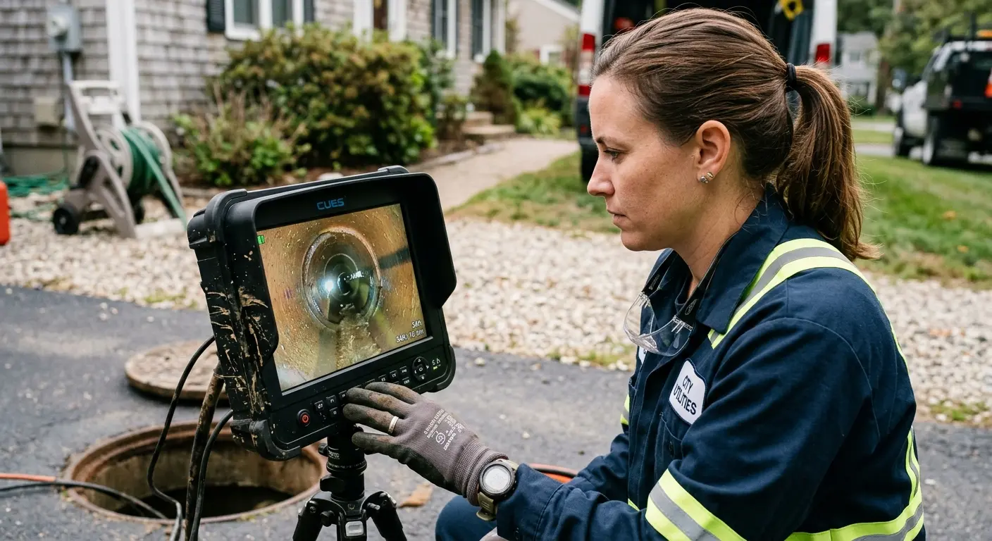 Technician reviewing sewer camera inspection footage in Fort Pierce