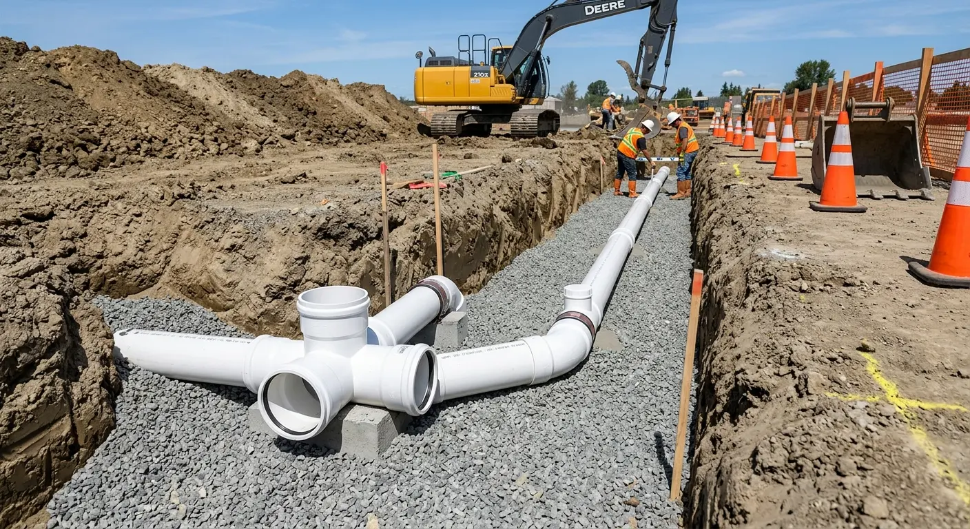 New PVC sewer pipe installation in open trench for Commercial Drain Cleaning in Fort Pierce