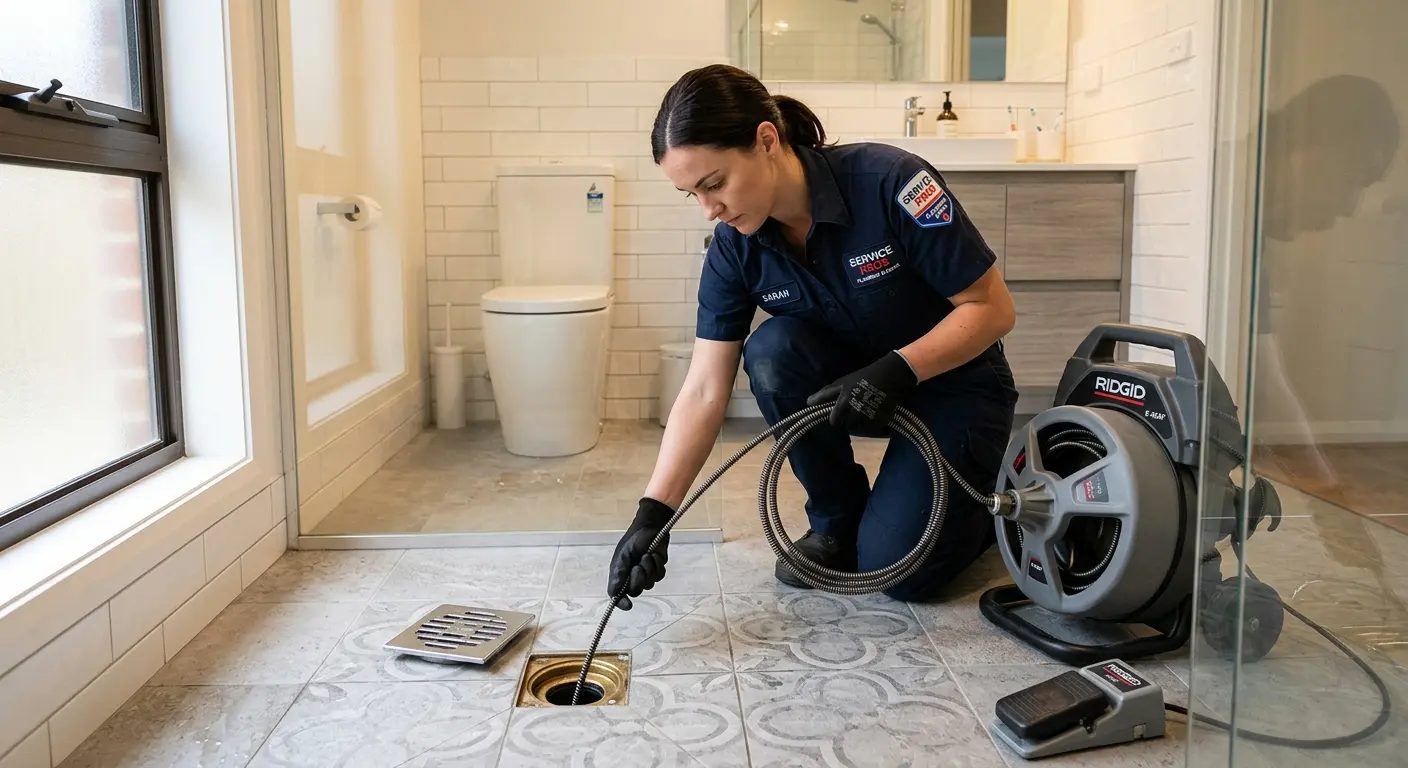 Technician clearing a bathroom floor drain for Sewer Line Replacement in Fort Pierce